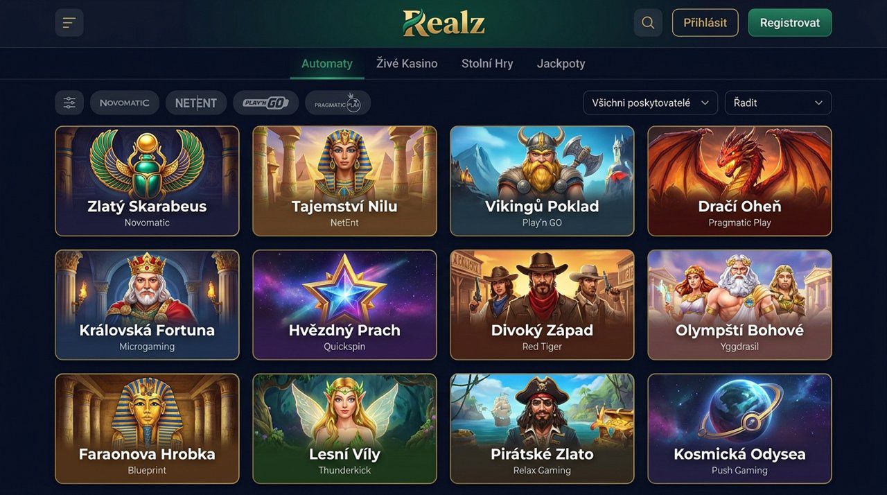 Domovská stránka online casina Realz s nabídkou automatů, živého kasina a stolních her