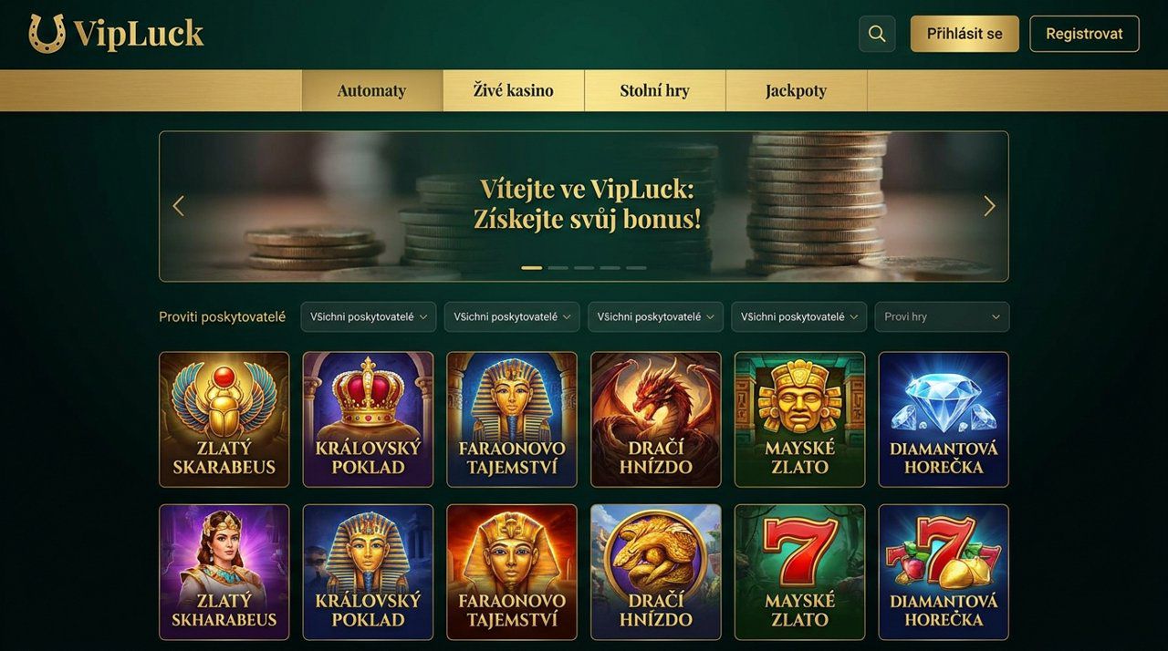 Domovská stránka online casina VIPLuck s nabídkou automatů, live casina a jackpotů