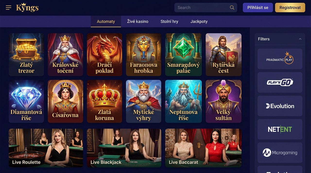 Snímek obrazovky hlavní stránky online casina Kyngs