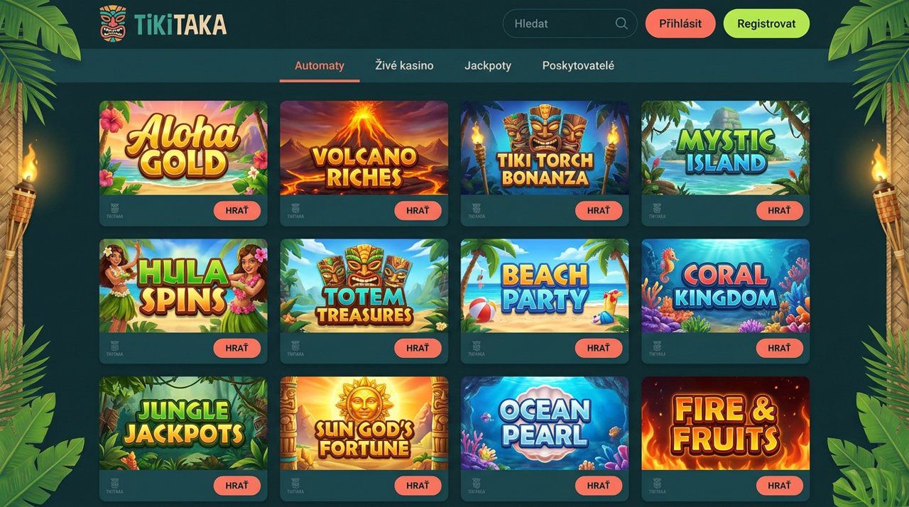 Úvodní stránka online casina Tikitaka s nabídkou automatů, živého kasina a jackpotů