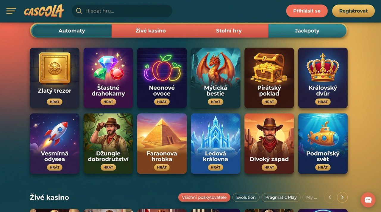 Úvodní stránka online casina Casoola s nabídkou automatů a živého kasina