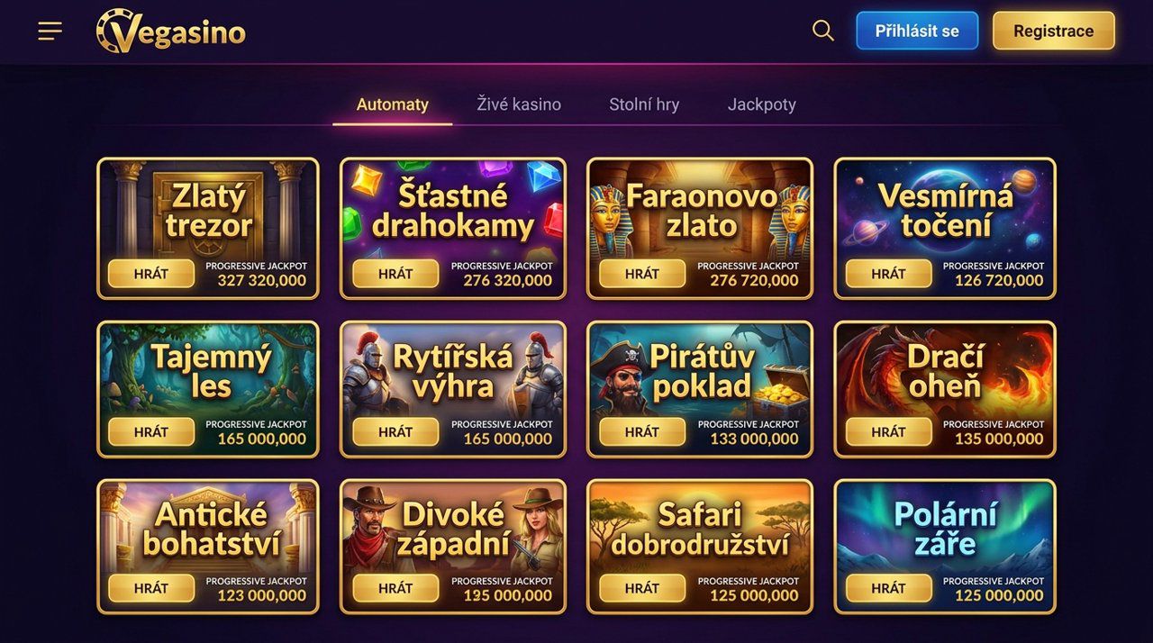Snímek domovské stránky online casina Vegasino s nabídkou automatů