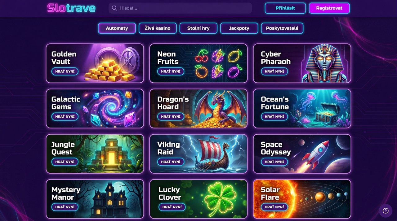 Úvodní stránka online casina Slotrave s kategoriemi her a nabídkou automatů
