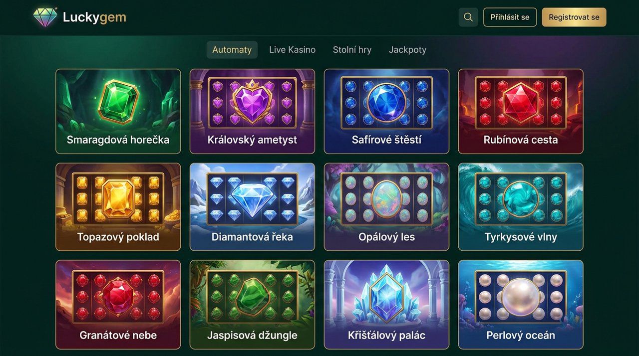 Úvodní stránka online casina Luckygem s nabídkou automatů, živého kasina a stolních her