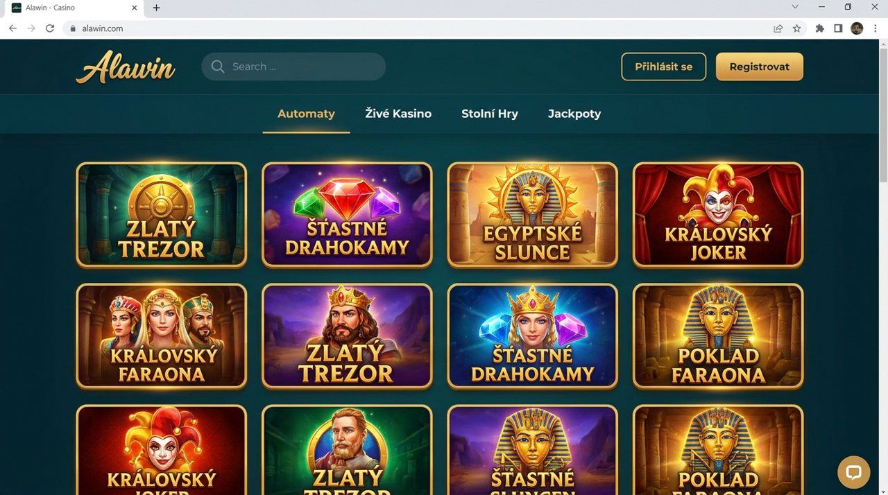 Ukázka hlavní stránky online casina Alawin s nabídkou automatů a živého kasina
